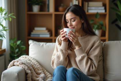 Jeune femme en détente avec une tasse de tisane dans un salon chaleureux