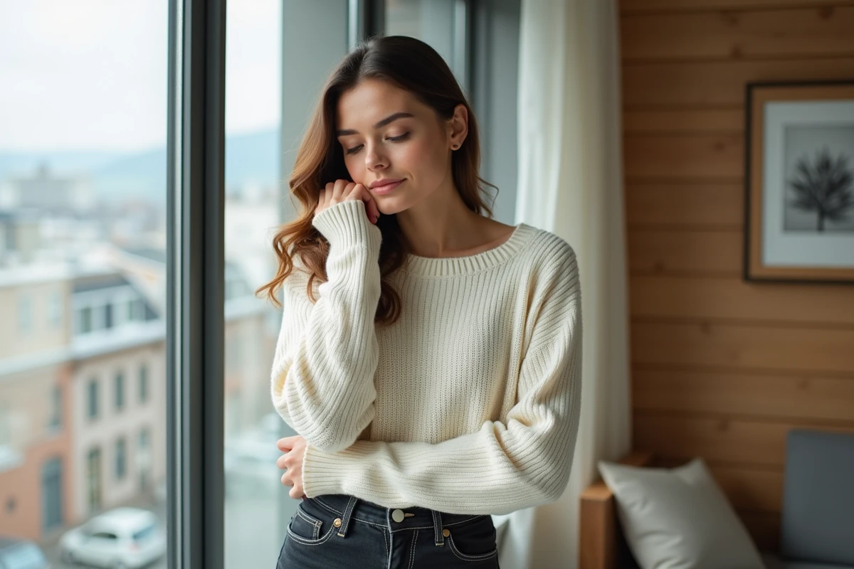 Jeune femme en appartement soulagée de ses tensions cervicales après une séance d'ostéopathie, posture détendue près d'une fenêtre