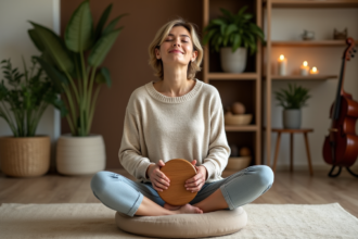 Femme d'âge moyen jouant du tambour en studio de musique