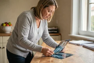Femme triant d'anciennes radiographies médicales sur une table en bois à la maison avant de les jeter légalement
