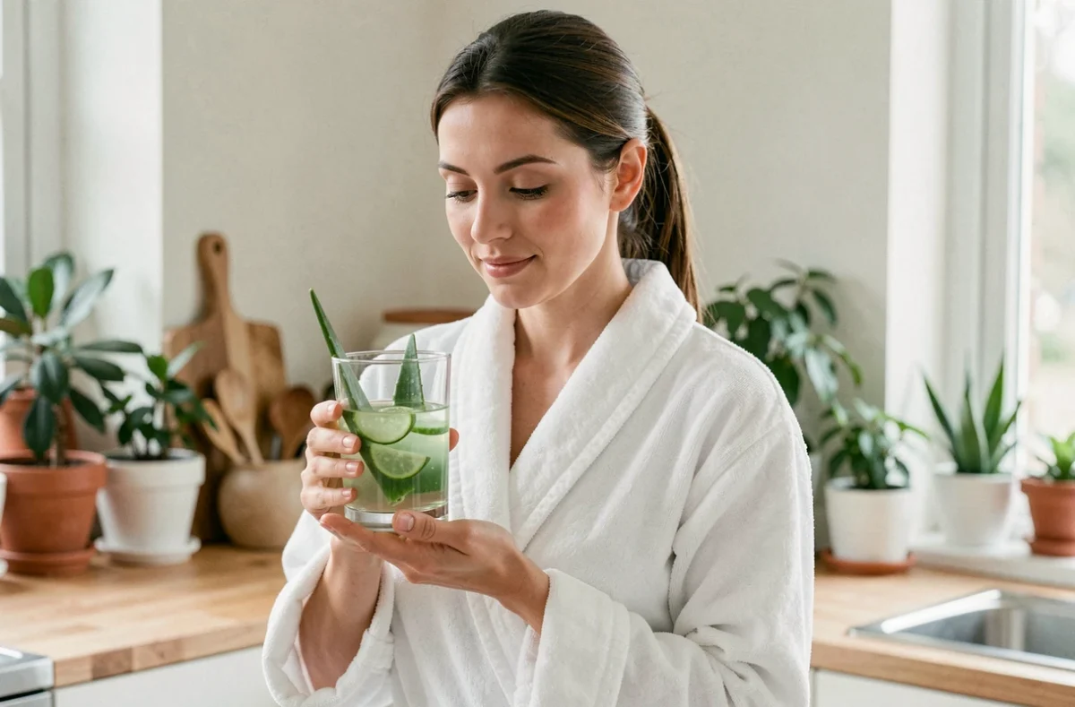 Femme tenant un verre d'aloe vera le matin dans sa cuisine, routine santé à jeun