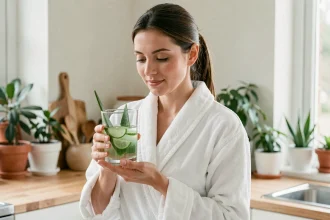 Femme tenant un verre d'aloe vera le matin dans sa cuisine, routine santé à jeun