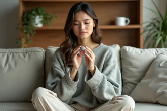 Femme tenant un worrying stone dans ses mains pour soulager l'anxiété et les ruminations, assise sur un canapé en lin dans un salon cosy