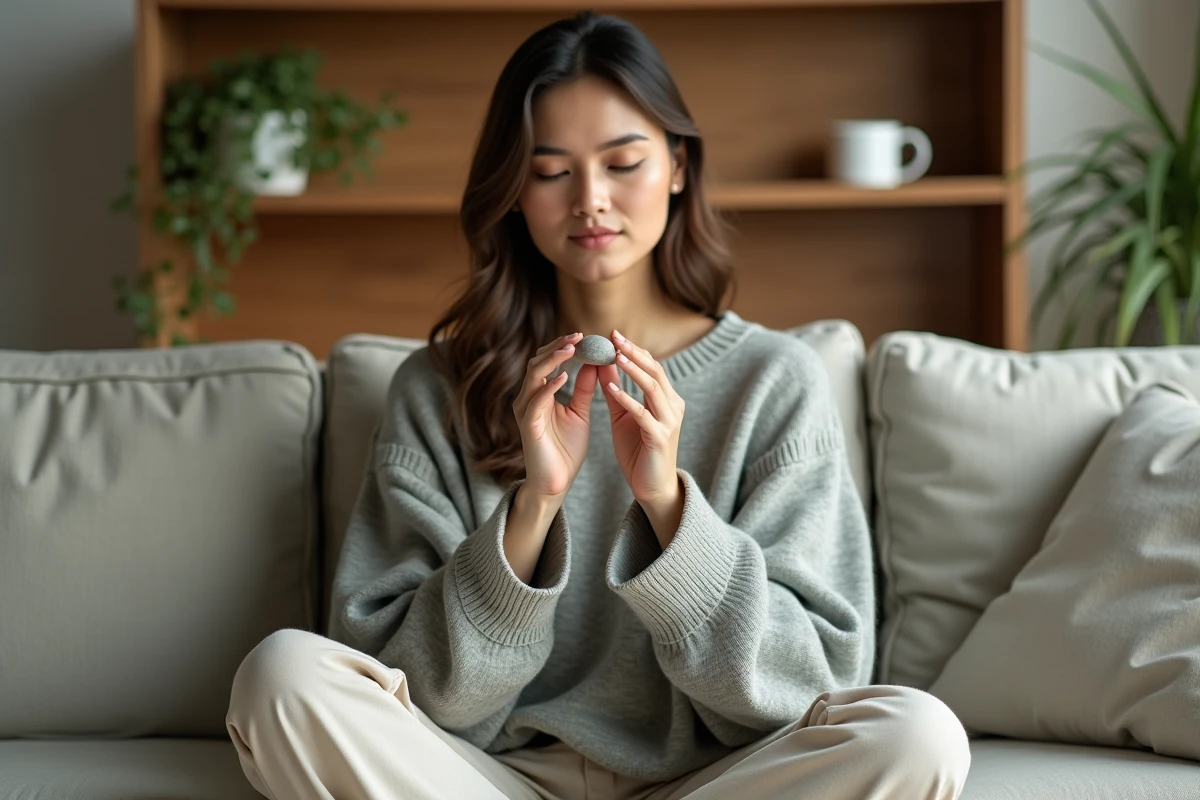 Femme tenant un worrying stone dans ses mains pour soulager l'anxiété et les ruminations, assise sur un canapé en lin dans un salon cosy