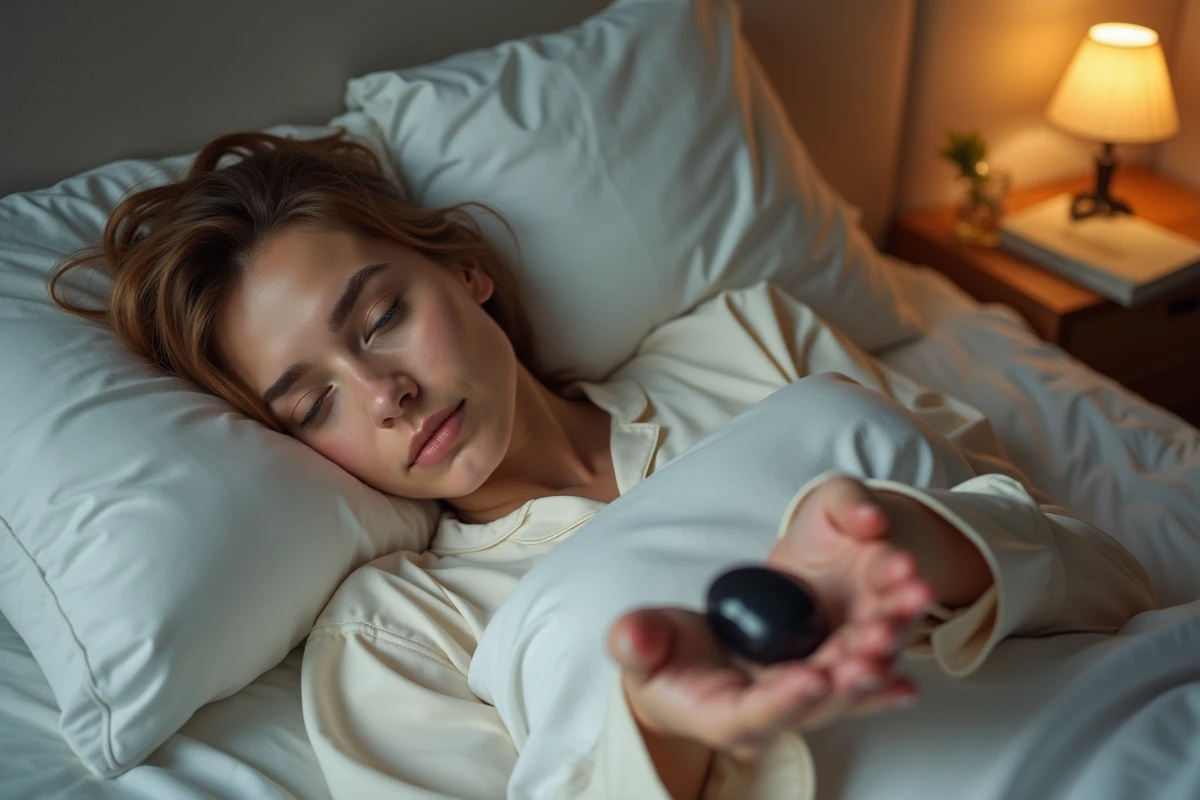 Femme allongée dans son lit la nuit tenant un worrying stone pour lutter contre l'insomnie et les pensées anxieuses