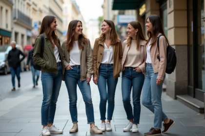 Groupe de femmes parisiennes discutant devant une station de métro