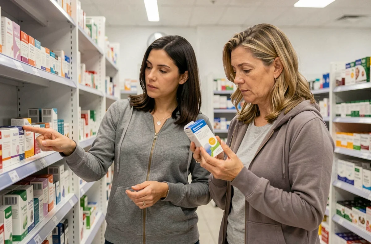 Deux femmes en pharmacie lisant attentivement l'emballage d'un patch Purisaki avant l'achat, expression sceptique et curieuse