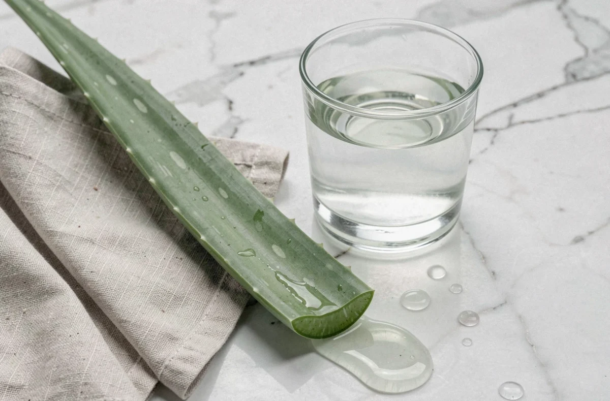 Feuille d'aloe vera coupée et verre d'eau à l'aloe vera sur marbre, soin naturel le matin