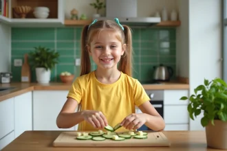 Jeune fille de 6 ans décore des rondelles de courgette dans la cuisine