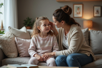 Fille de cinq ans en pull doux et pyjama assise sur le canapé