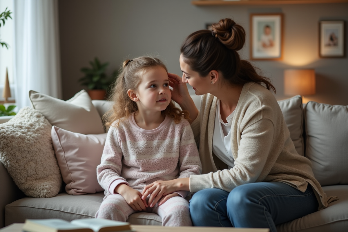 Fille de cinq ans en pull doux et pyjama assise sur le canapé