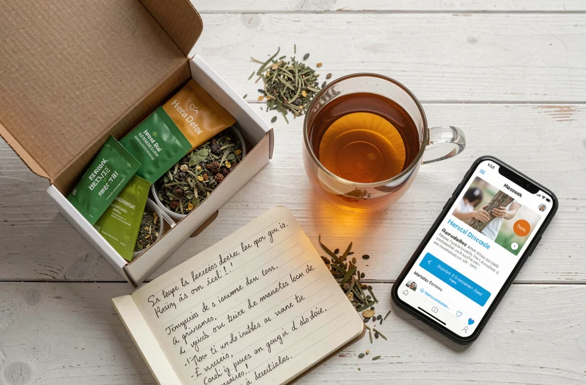 Mise en scène flat lay d'une boîte de thé détox Lulutox avec infusion, herbes séchées et notes manuscrites sur ses effets santé