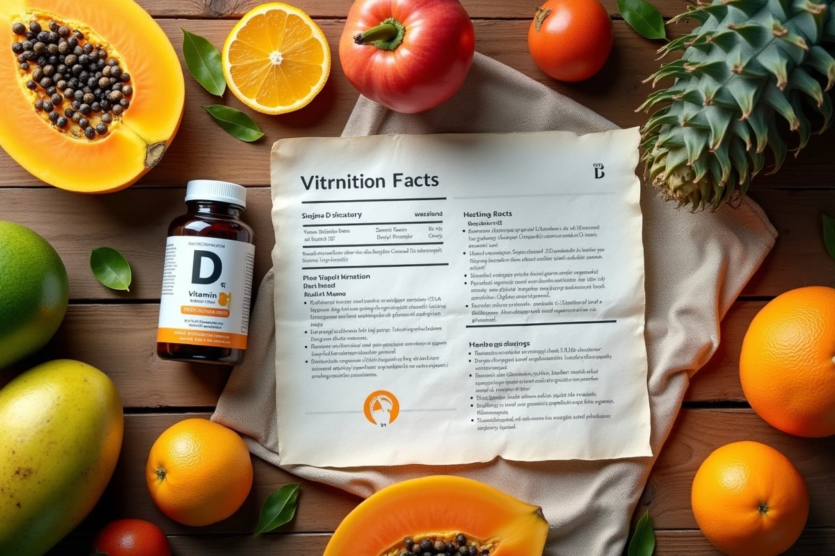 Plateau de fruits tropicaux et complément vitamine D avec fiche nutritionnelle annotée sur table en bois