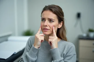 Femme se palpant le ganglion sous la mâchoire avec une expression préoccupée dans un cabinet médical