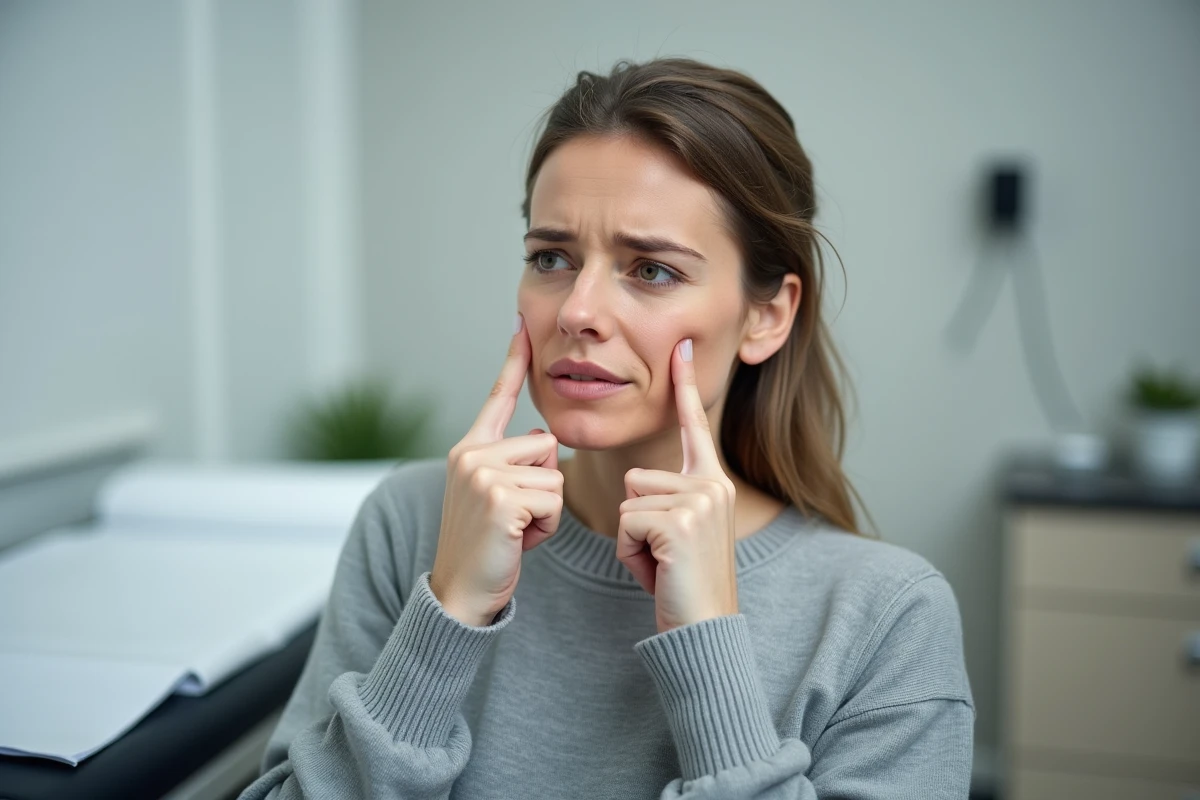 Femme se palpant le ganglion sous la mâchoire avec une expression préoccupée dans un cabinet médical