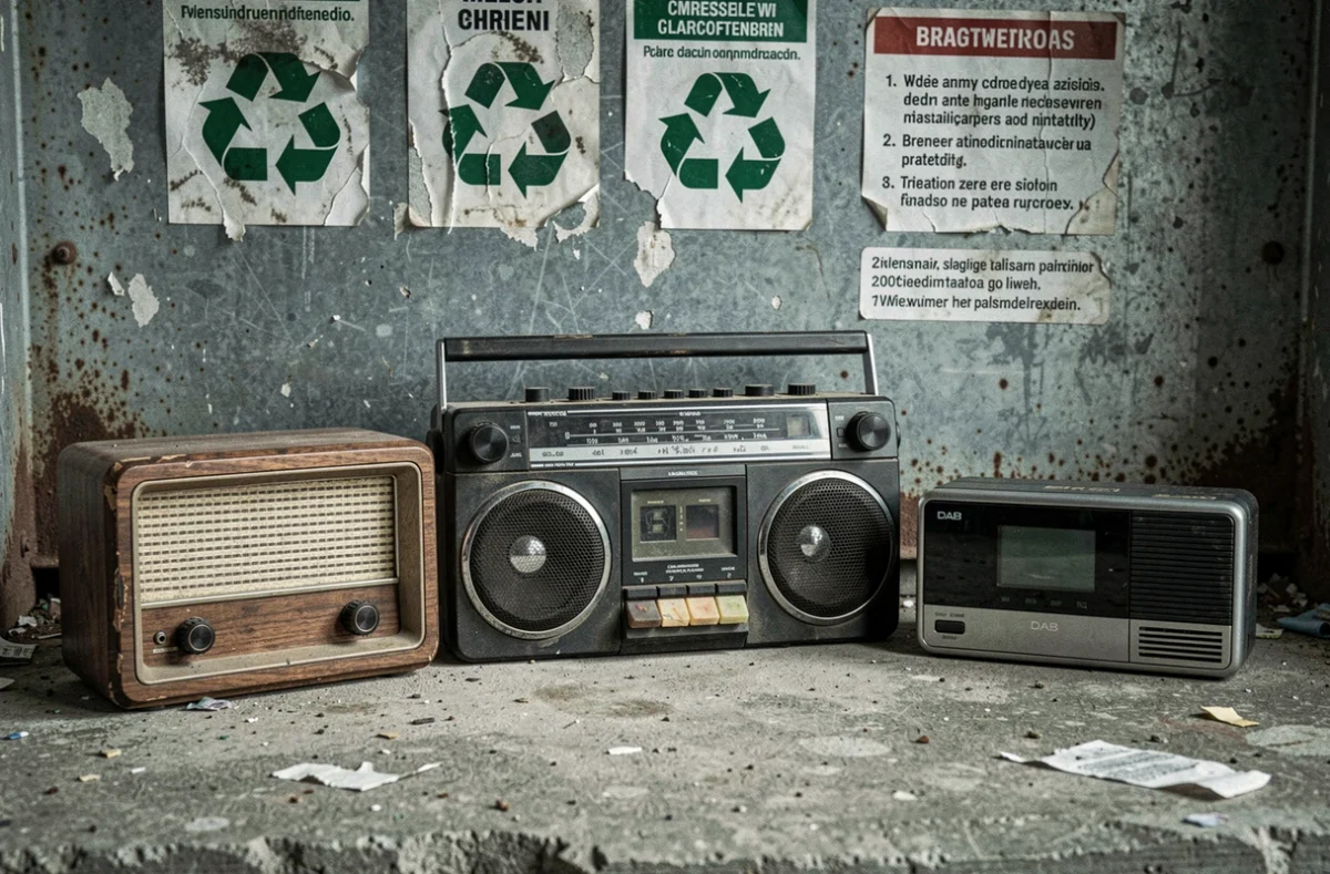 Trois générations de radios déposées dans un point de collecte de déchets électroniques pour recyclage