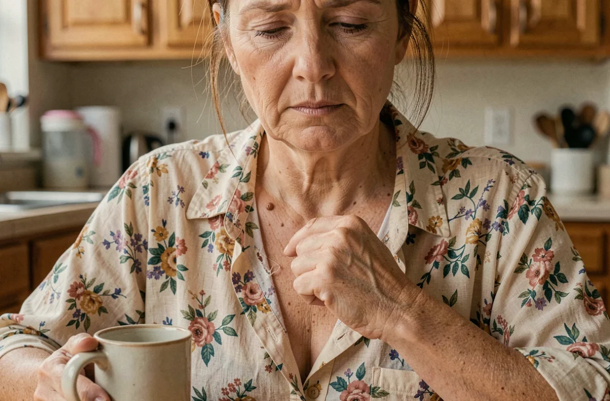 Femme dont les vêtements s'accrochent à un grain de beauté en relief sur le cou, illustrant le problème du naevus saillant