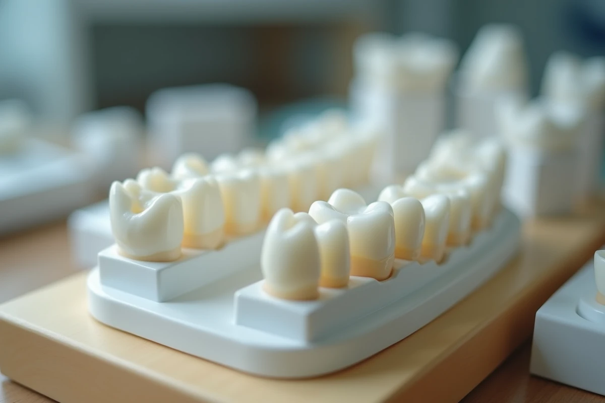 Gros plan sur des dents en résine prothétique sur articulateur dentaire en laboratoire