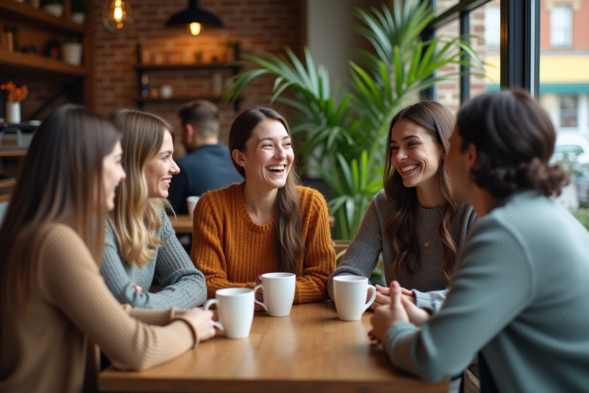 Groupe de trois femmes et deux hommes souriants dans un café urbain