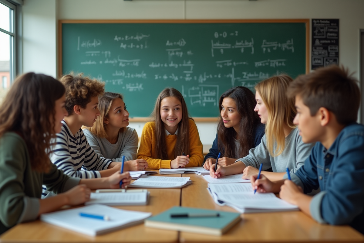 Lyceens en discussion active dans une salle de classe