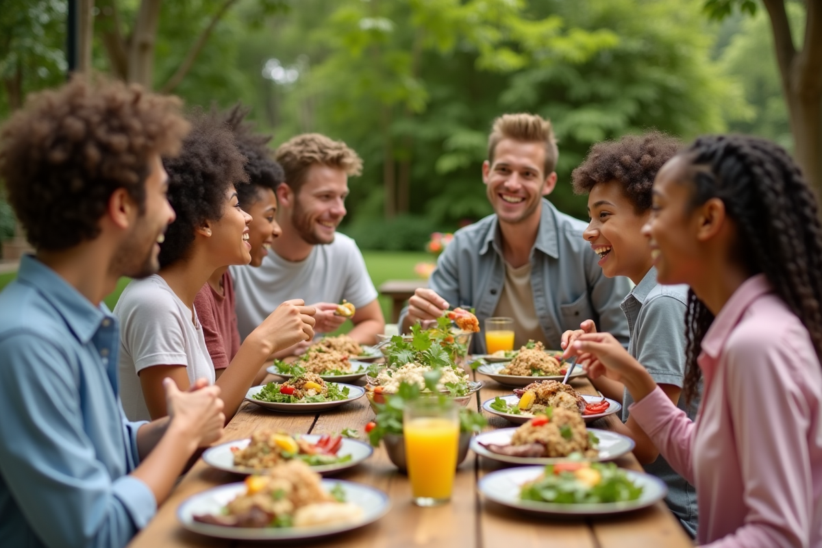 Groupe divers partageant un repas sain en plein air