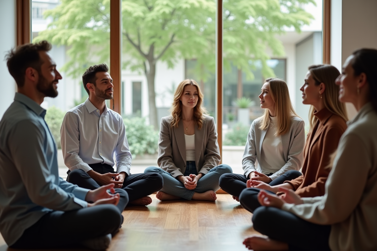 Groupe divers de personnes en séance de sophrologie en cercle