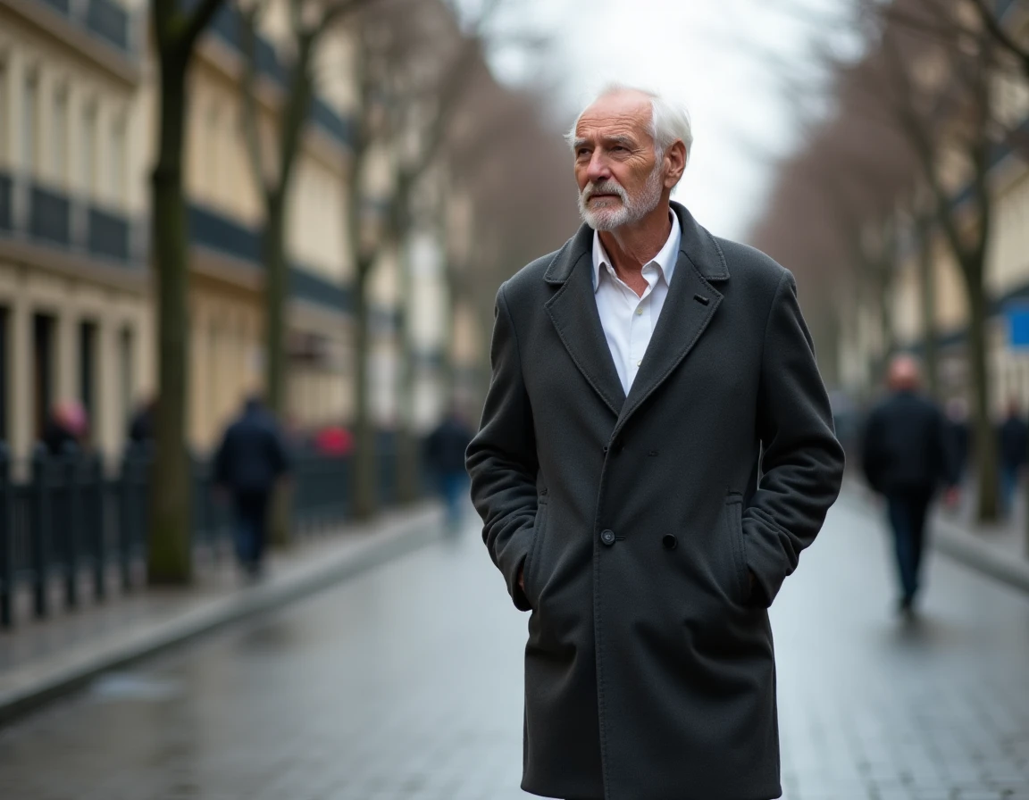 Homme âgé marchant seul sur un boulevard parisien sous un ciel couvert, image symbolisant fragilité et discrétion autour des rumeurs de maladie