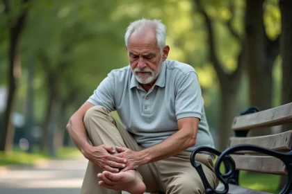 Homme âgé se frottant le mollet sur un banc, symptôme discret d'artères des jambes bouchées