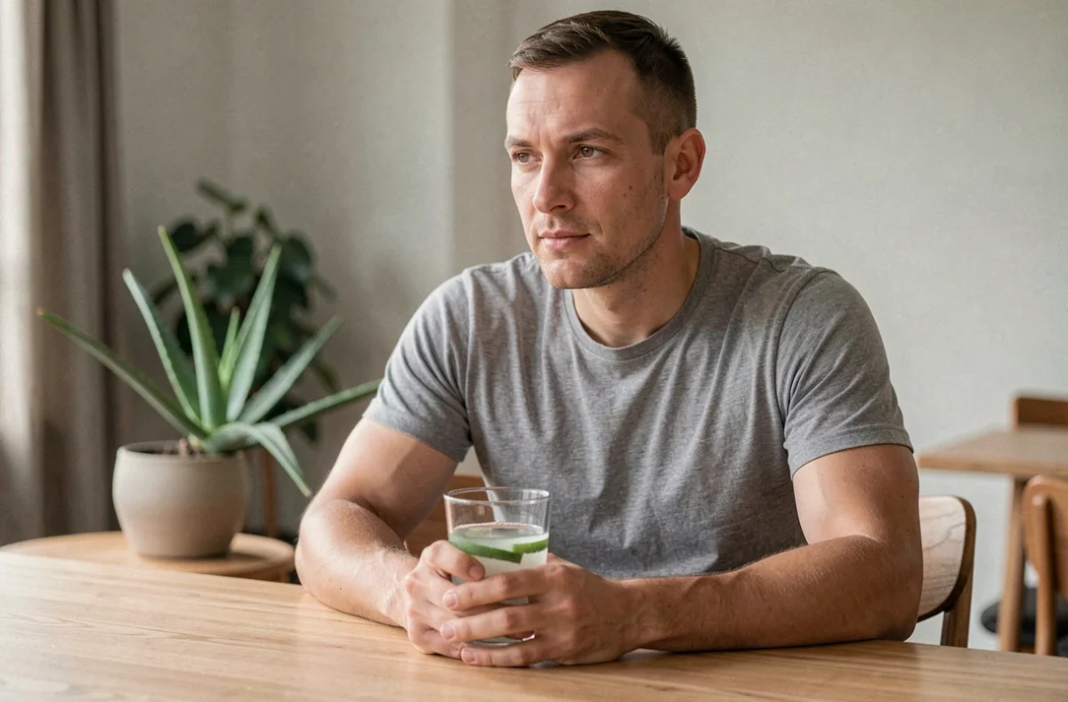 Homme buvant un verre d'aloe vera à jeun le matin, routine bien-être naturelle
