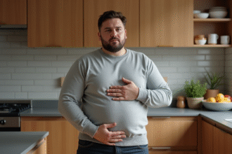 Homme en cuisine avec ventre rond et expression sereine