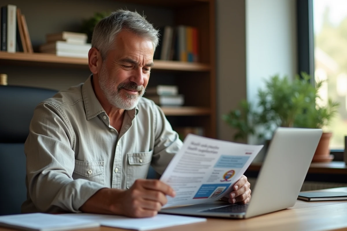 Homme comparant le prix de Reborn21 sur internet dans un bureau à domicile pour évaluer son rapport qualité-prix