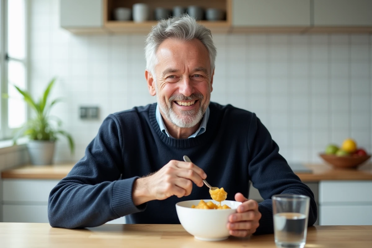 Homme mangeant une compote de pommes dans un bol blanc pour améliorer le transit intestinal et lutter contre la constipation