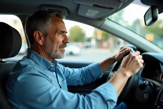 Homme en voiture avec main douloureuse et visage inquiet