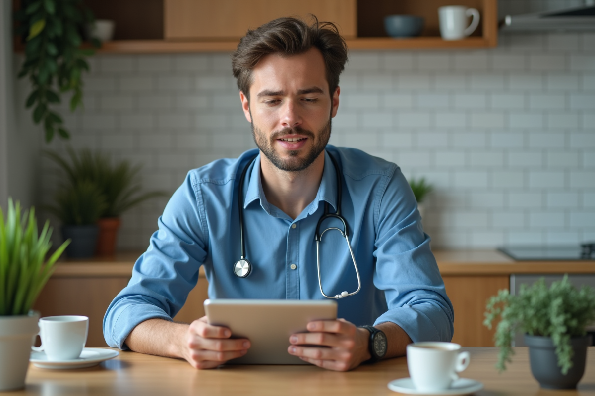 Jeune homme en consultation medicale en ligne