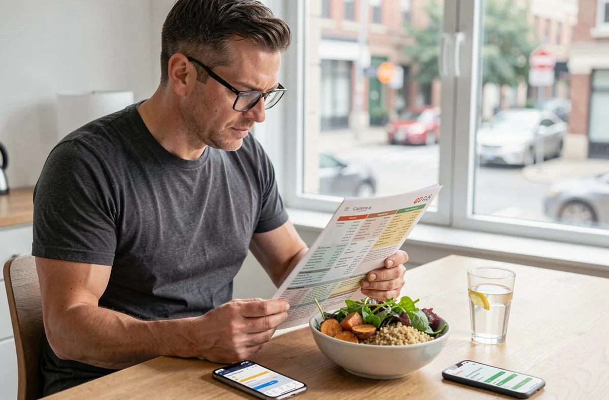 Homme consultant un tableau d'index glycémique devant un repas végétarien équilibré avec quinoa et légumes rôtis