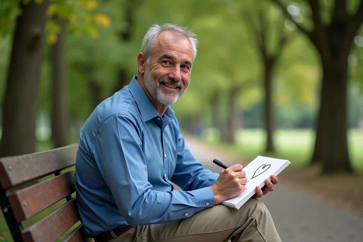Homme dessinant un cœur dans un parc en plein air