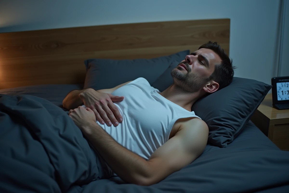 Homme allongé dans son lit la nuit tenant son abdomen droit sous les côtes avec une expression douloureuse