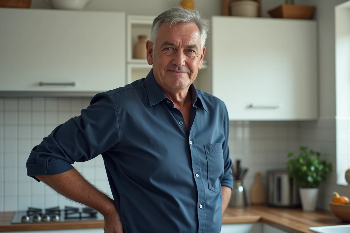 Homme debout dans une cuisine avec la main sur le haut du dos gauche en signe de douleur