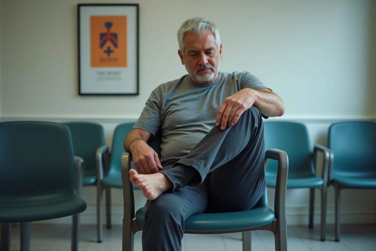 Homme en salle d'attente médicale inspectant le dessus de son pied douloureux avant une consultation
