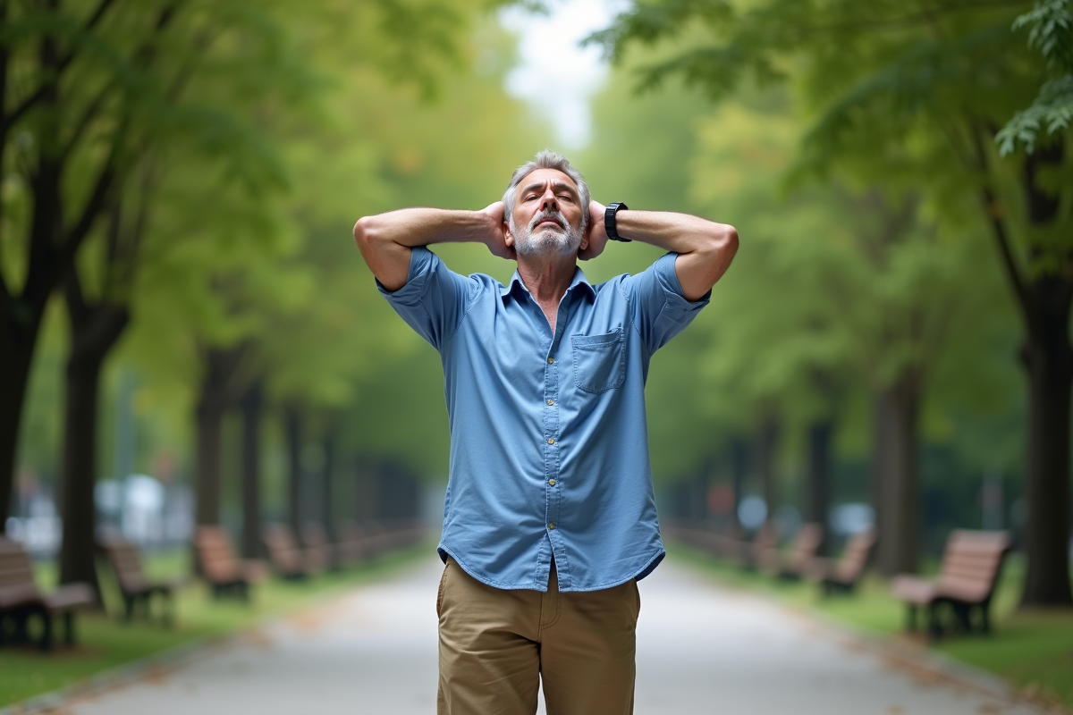 Homme en pleine extension dans un parc urbain ensoleille