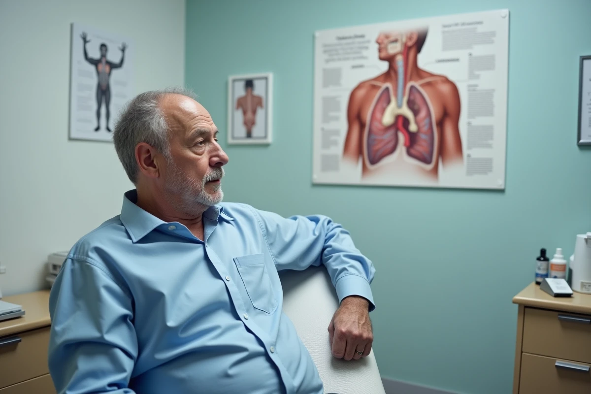 Homme en consultation médicale regardant un poster d
