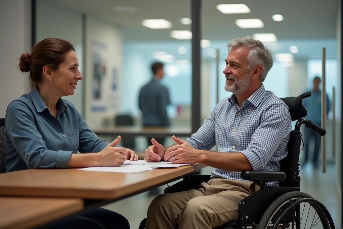 Homme en fauteuil discutant avec agent administratif