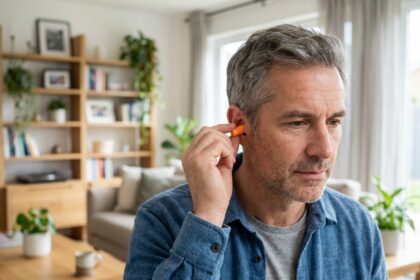 Homme d'âge moyen insérant des bouchons d'oreilles dans un salon