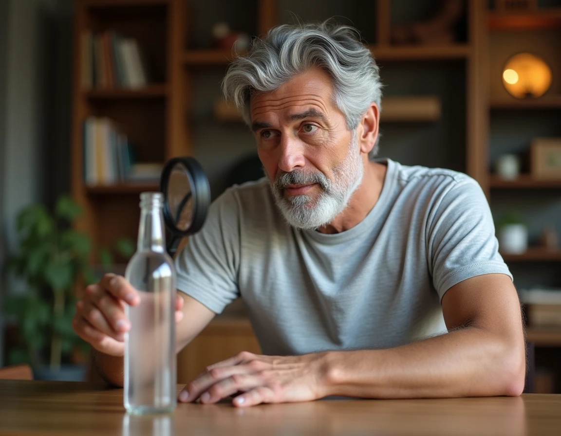 Homme d'âge mûr examinant à la loupe le taux de résidu à sec sur une bouteille d'eau pour préserver la santé des reins
