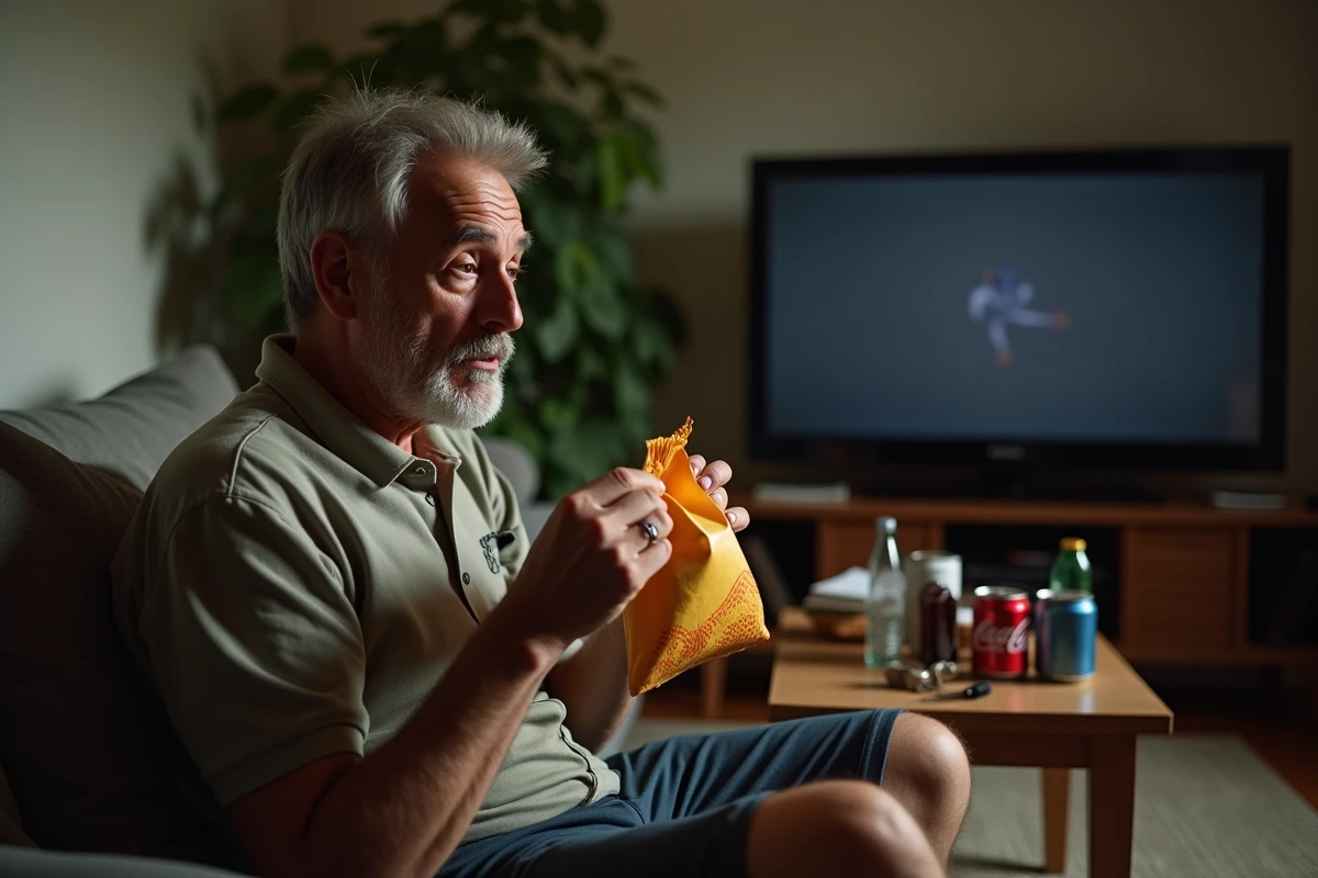 Homme détendu mangeant chips dans le salon