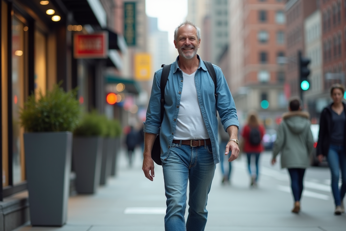 Homme en jeans marche dans une rue urbaine animée