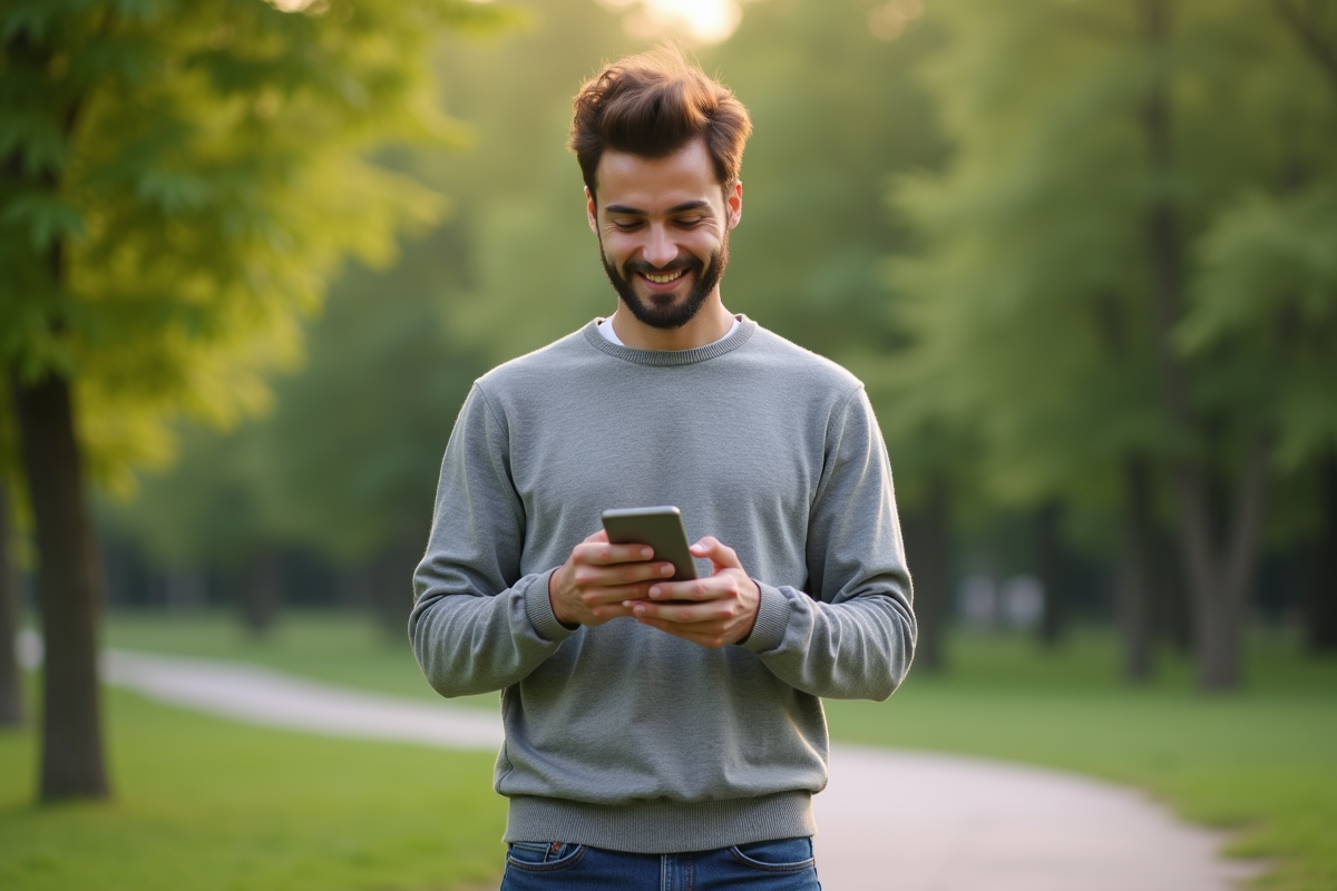 Jeune homme utilisant une application de méditation en plein air