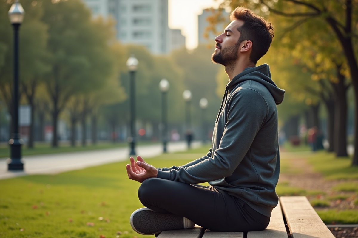 Homme méditant dans un parc urbain calme