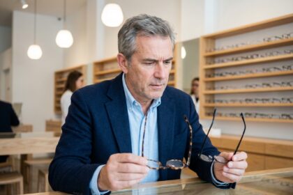 Homme d'âge moyen examinant des lunettes dans une boutique moderne
