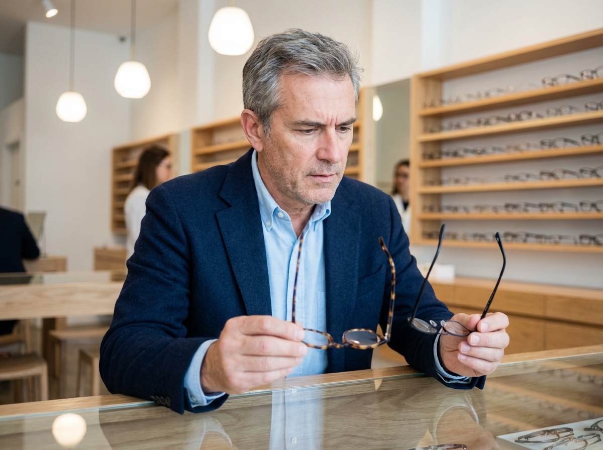 Homme d'âge moyen examinant des lunettes dans une boutique moderne